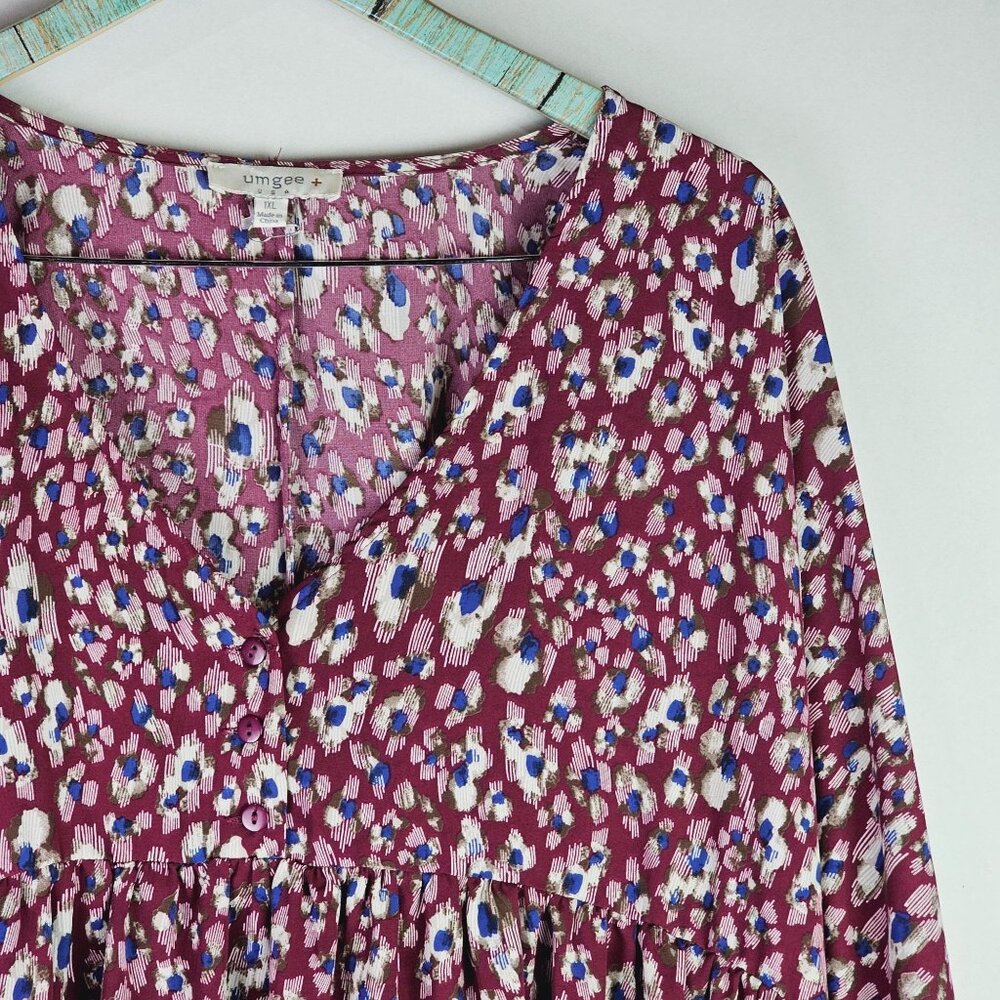 Umgee Plus Wine Mix Animal Print Silky Baby Doll w/ Pockets Long Sleeve Dress 1X - Picture 4 of 8